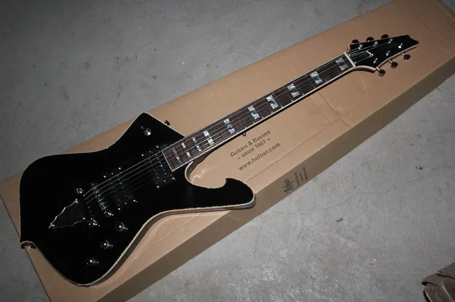Best price at $347 Cheap Top Quality Mosaic inlay Iceman Special Shape PAUL STANLEY signature Metal Black Electric Guitar in stock with hardcase