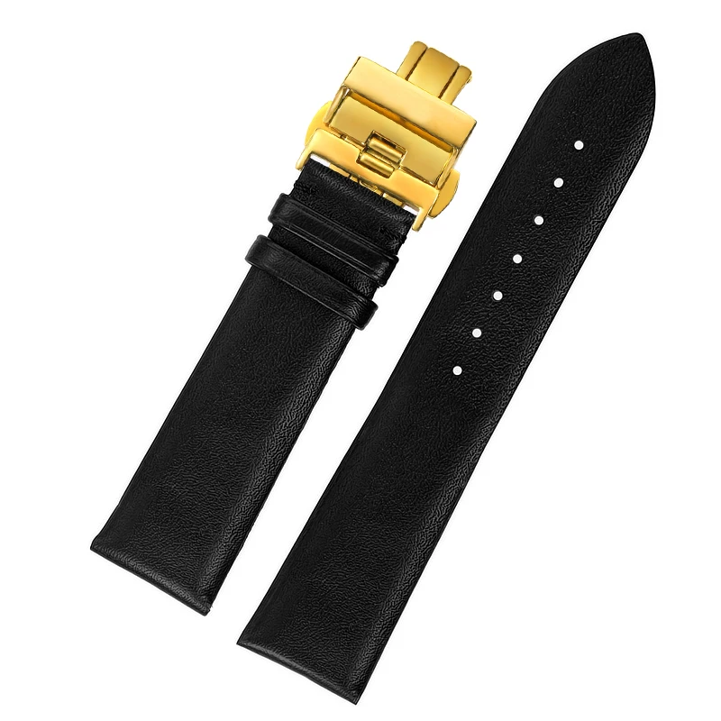 

ShiHui Male and female watch accessories Genuine leather The first layer Cowhide watchband Flat texture Butterfly clasp black