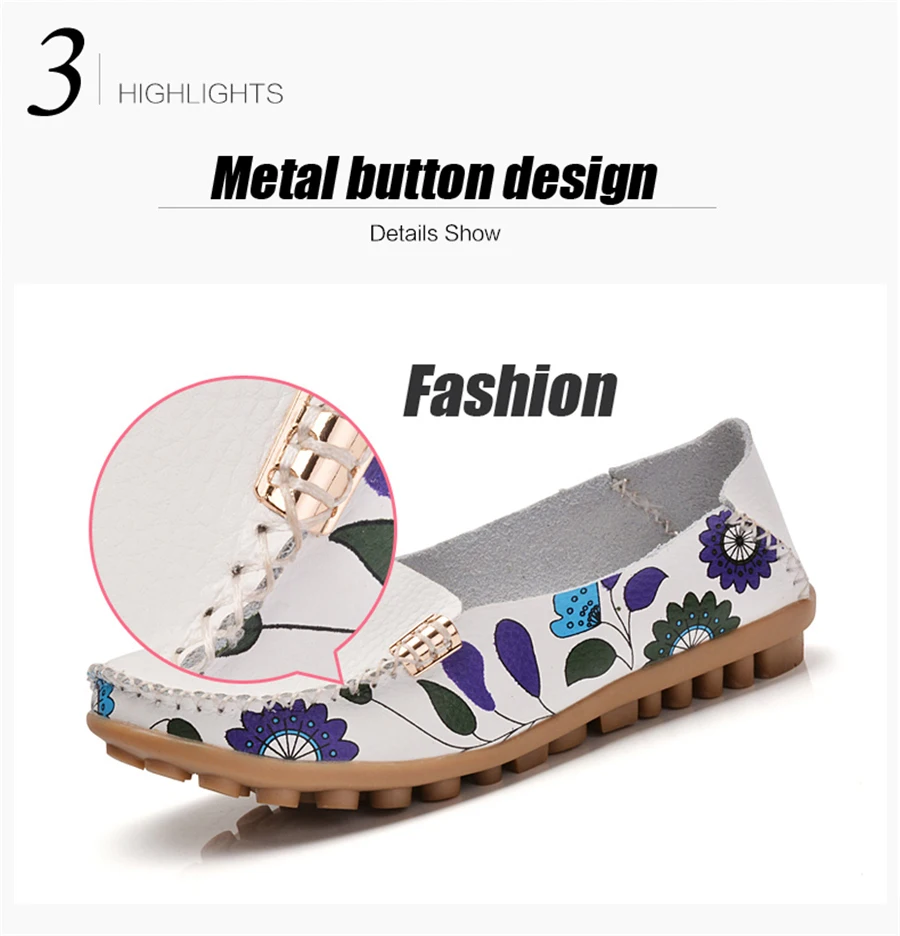 Women Flat Shoes Fashion Ballet Summer Flower Print Women Shoes Genuine Leather Loafers Ladies Shoes Woman Soft Footwear 42