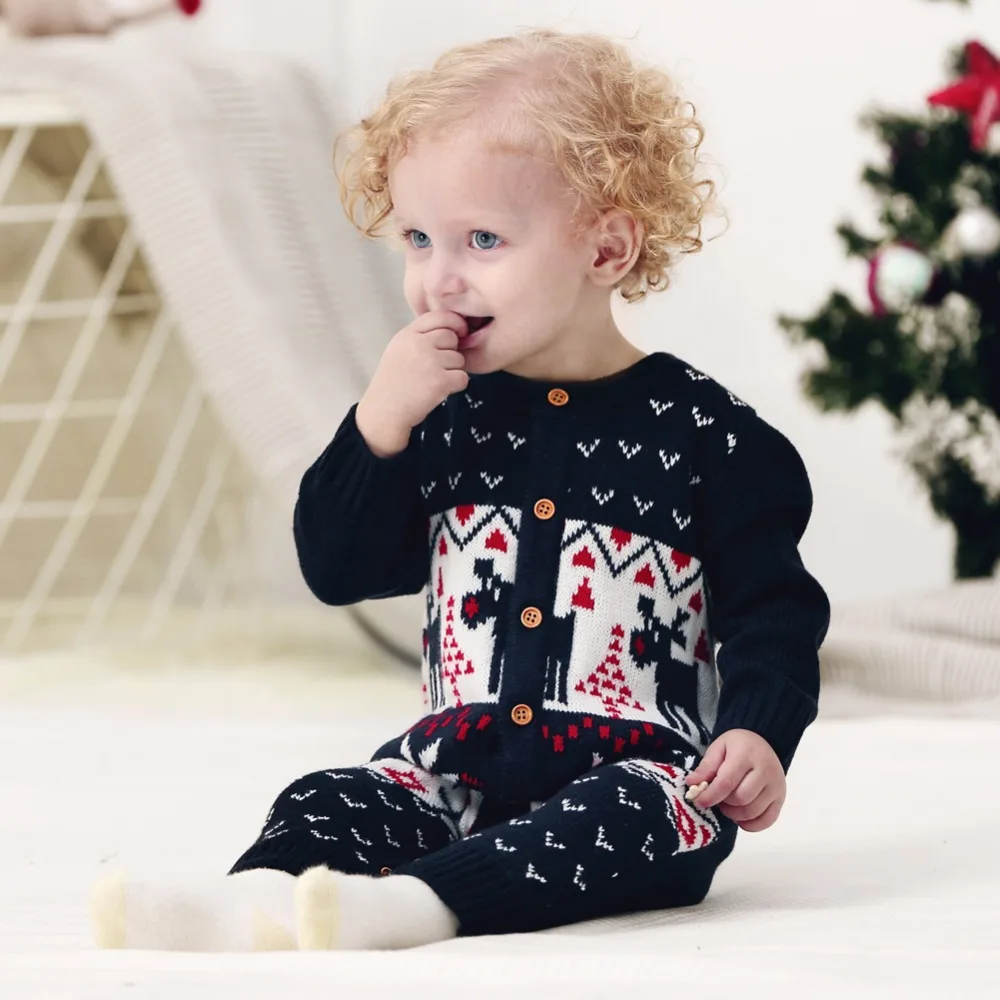 

Fashion Christmas Baby Girls Rompers Knitted Funny Onesie Animal Reindeer Toddler Boy Jumpsuits New Year's Newborn Costume 0-24M