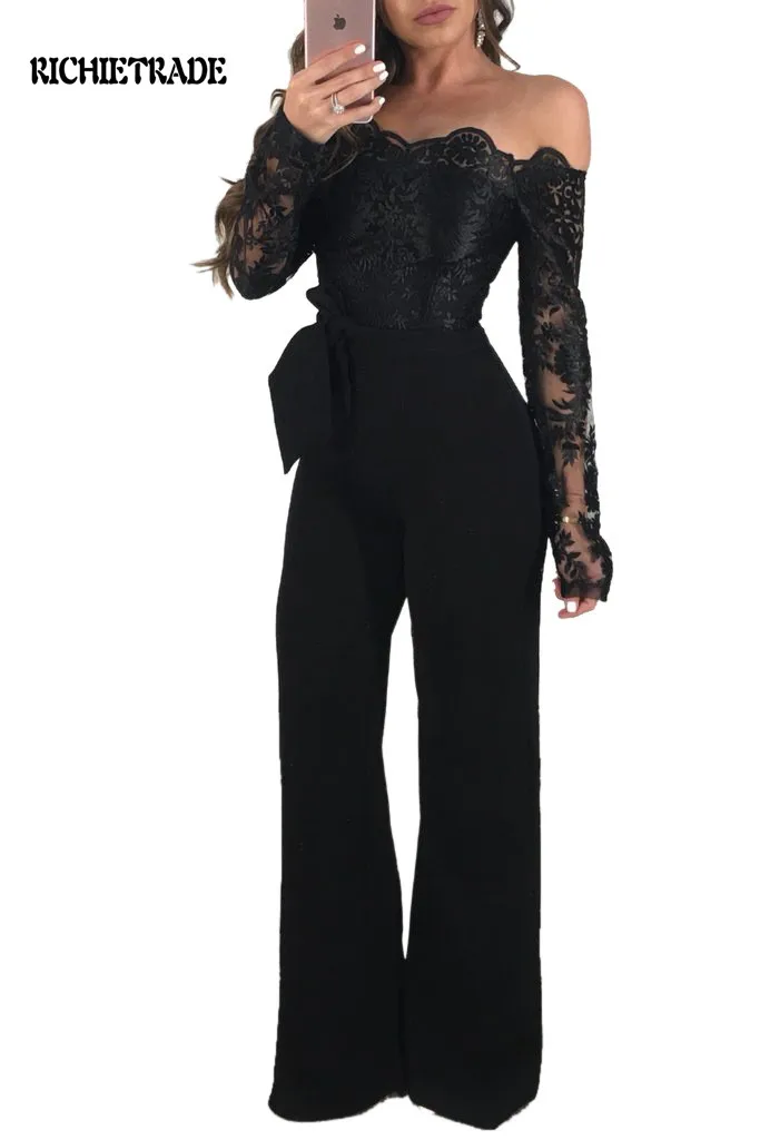 

RICHIETRADE Sexy Woman Jumpsuit Printed Lace Long Sleeve Sashes Slash Neck