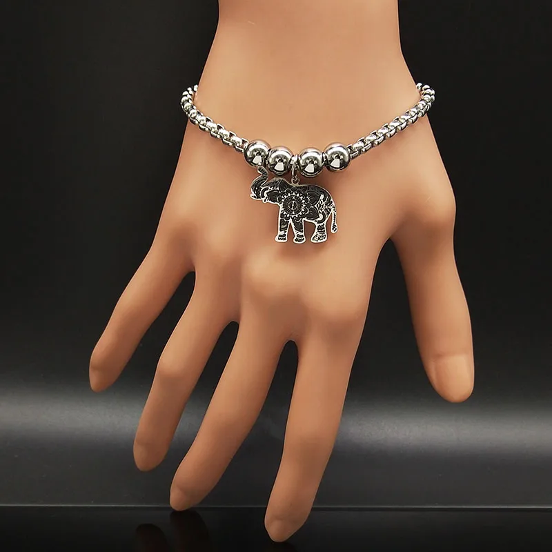 Мода слон Нержавеющая сталь браслеты с подвесками для женщин бусина серебряного цвета браслет-цепочка, Ювелирное Украшение B18358
