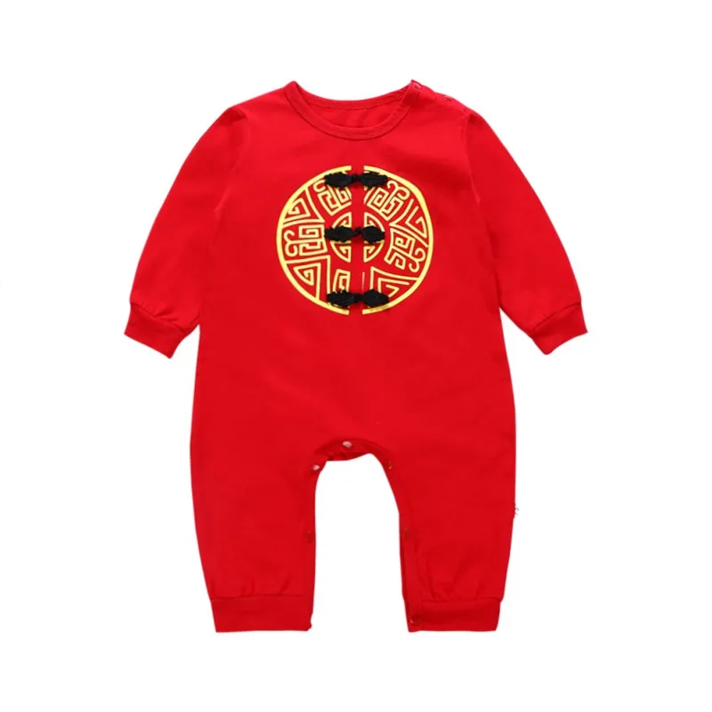 Весенние красные детские комбинезоны с длинными рукавами в китайском стиле для маленьких мальчиков и девочек, комбинезоны для мальчиков, Детская Новогодняя хлопковая одежда