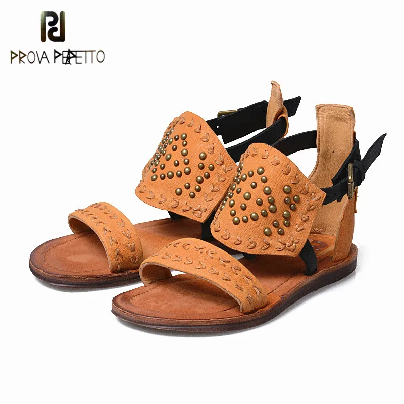 

Prova Perfetto 2018 New Arrived Euramerican Style Low Heel Sandals Summer Rivet Flat with Soft Sole Rome Style Sandals