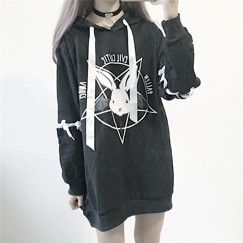 

Harajuku Lolita Rabbit Graphic Sweatshirt Long Hoodie Women Spring Korean Fashion Bandage Print black Hoodies Pullover Female