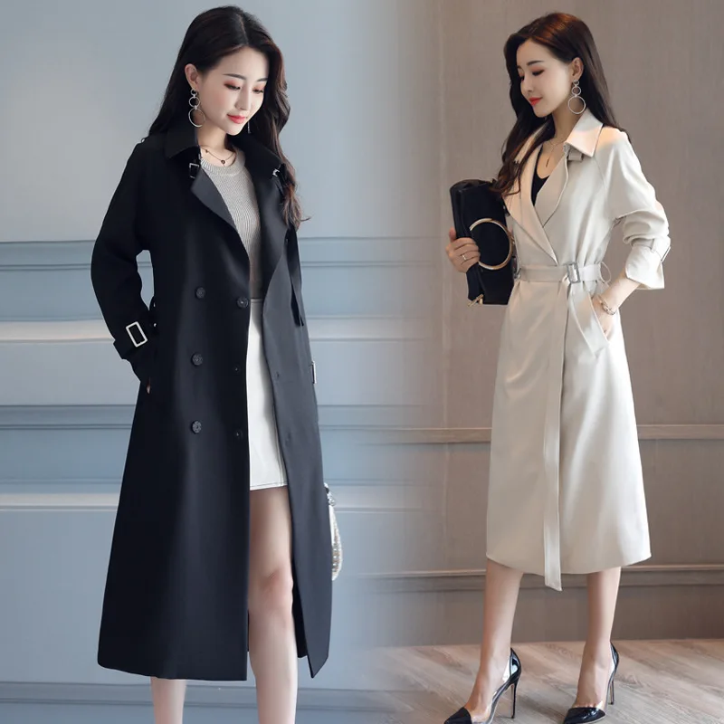 Elegant 2019 spring autumn Trench women Solid Color Lady X-Long Windbreak Double Breasted Slim Trench Coat With Belt long coat