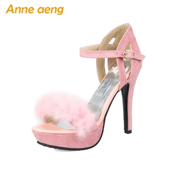 

2018 summer women sandals high heel platform sandals buckle strap rubbit fur sweet sexy ladies sandals pink black women shoes