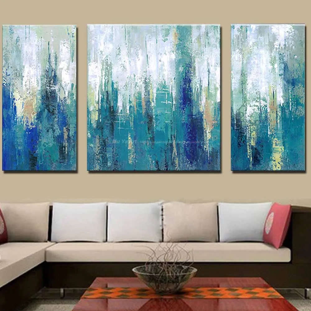 Modern Blue Abstract Handmade Three Panel Canvas Oil Painting - Living Room Home Wall Decor image 6