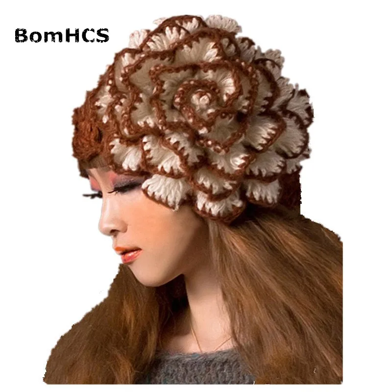 BomHCS зимняя теплая шапочка и перчатки костюм ручной работы вязаная шапочка шапки перчатки с большим цветком(цена за шляпу или перчатки - Цвет: brown
