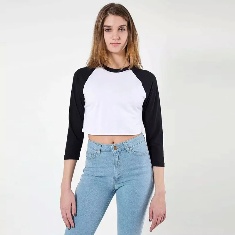 Buy Women Basic Raglan Sleeve Crop Tee Contrast Sleeve crop tops three quarter