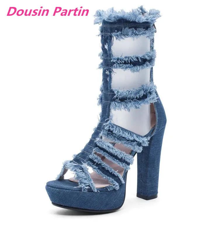 

Dousin Partin Women Sandals Square Super High Heel Peep Toe Gladiator Denim Cut Outs Zipper Long Tube Cool Boots