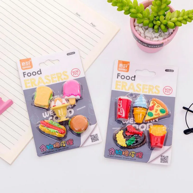 

5 Pcs/pack Cute Food Series Hamburger Pizza Chips Ice Cream Rubber Pencil Erasers Kawaii Stationery School Papelaria Gifts