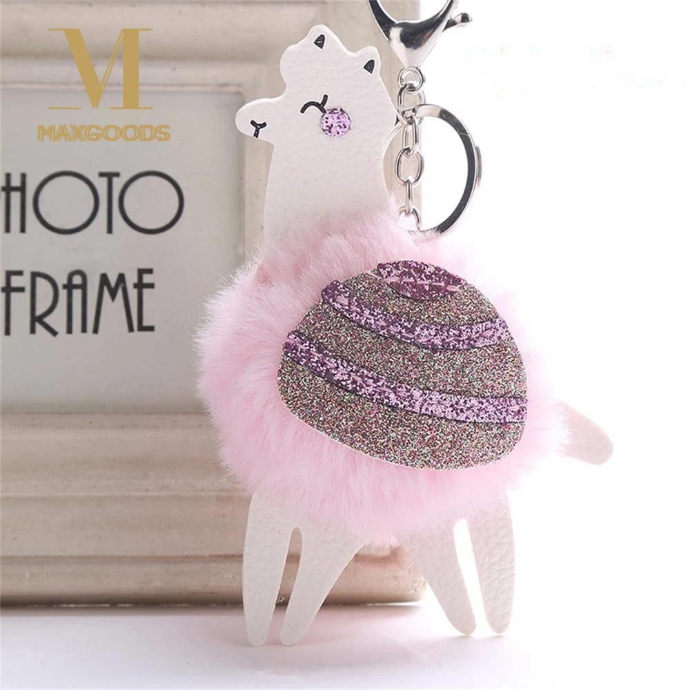 

Cute Fluffy Rabbit Fur Ball Key Chain Blingbling PU Leather Sequin Alpaca Keychain Pompom Animal Keyring Charm Trinket Chaveiros