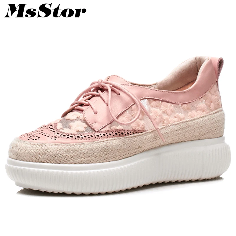 

MsStor Mesh Breathable Women Flats Fashion Embroider Hollow Out Casual Women Shoes 2018 Round Toe Cross tied Flower Woman Flats