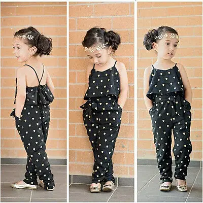 2016 Hot-Selling Baby Kids Girls One-piece Sleeveless Heart Dots Bib Playsuit Jumpsuit T-shirt Pants Outfit Clothes 2-7Y