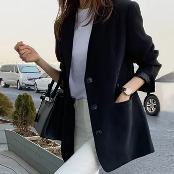

Women's small suit 2019 new autumn retro loose single-breasted black suit jacket temperament long-sleeved jacket female