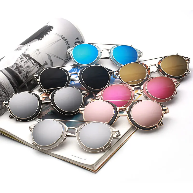 Cubojue, мужские и женские солнцезащитные очки на застежке, круглые зеркальные солнцезащитные очки в стиле стимпанк для мужчин, двойные линзы для близорукости, оптическая оправа, розовый, синий