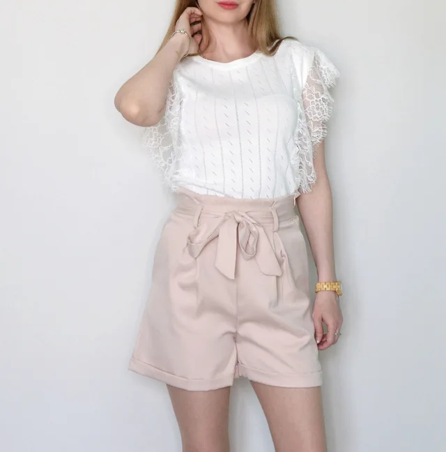 Elegant High Waist Sashes Shorts Women Summer Apricot Harajuku Pockets Summer Shorts Vintage Ladies Mini Shorts Femme