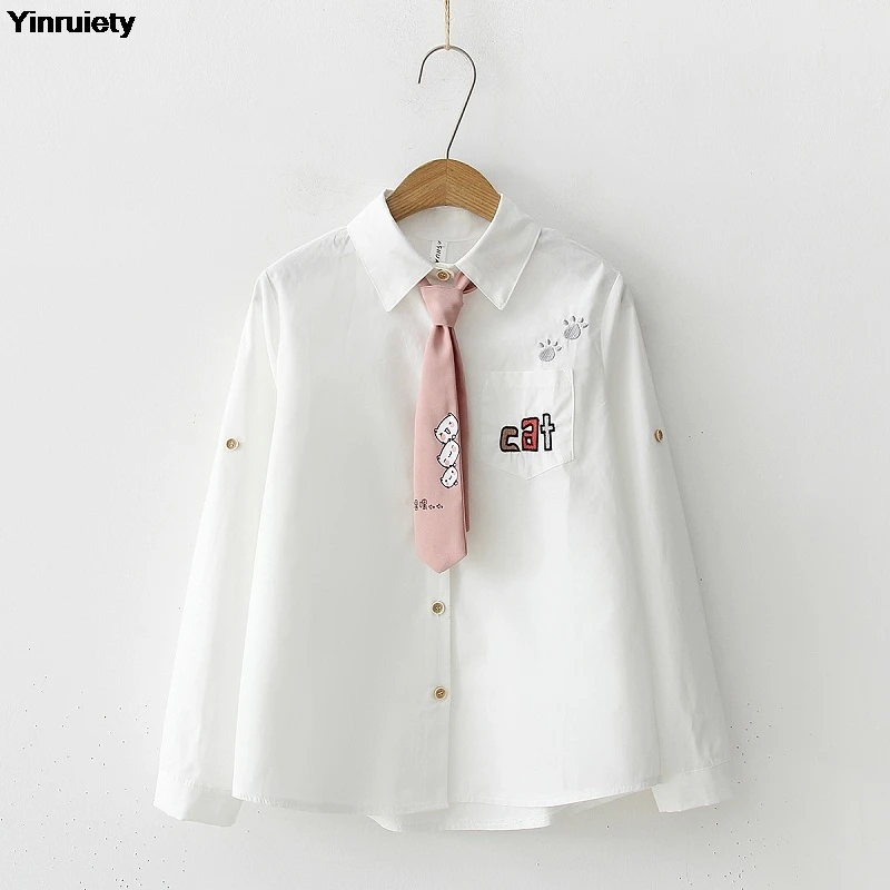 Japanese Mori Girl Autumn Spring Women Shirt Cute Kawaii Cat Footprint Bow School Uniform Preppy Style Anime White Blouse