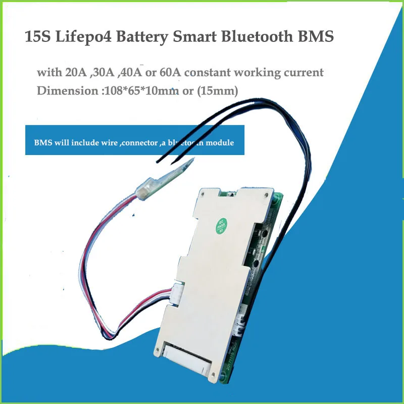 

15S Smart Lifepo4 Battery Bluetooth BMS for 48V or 54V Battery Pack with 20A 30A 40A or 60A constant current with APP software