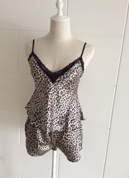 

yomrzl L093 New arrival summer sexy women's pajama set deep-v sleep set Leopard sleeveless sleepwear indoor clothes