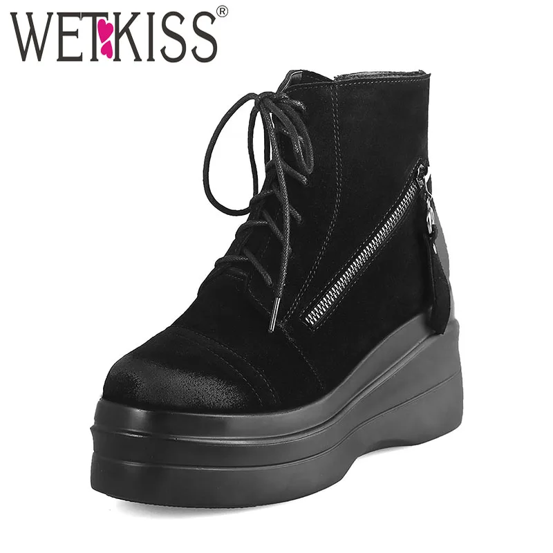 

WETKISS Winter Platform Women Ankle Boots Round Toe Cross Tied Zip Footwear Cow Suede Female Boot Punk Shoes Woman 2018 Black