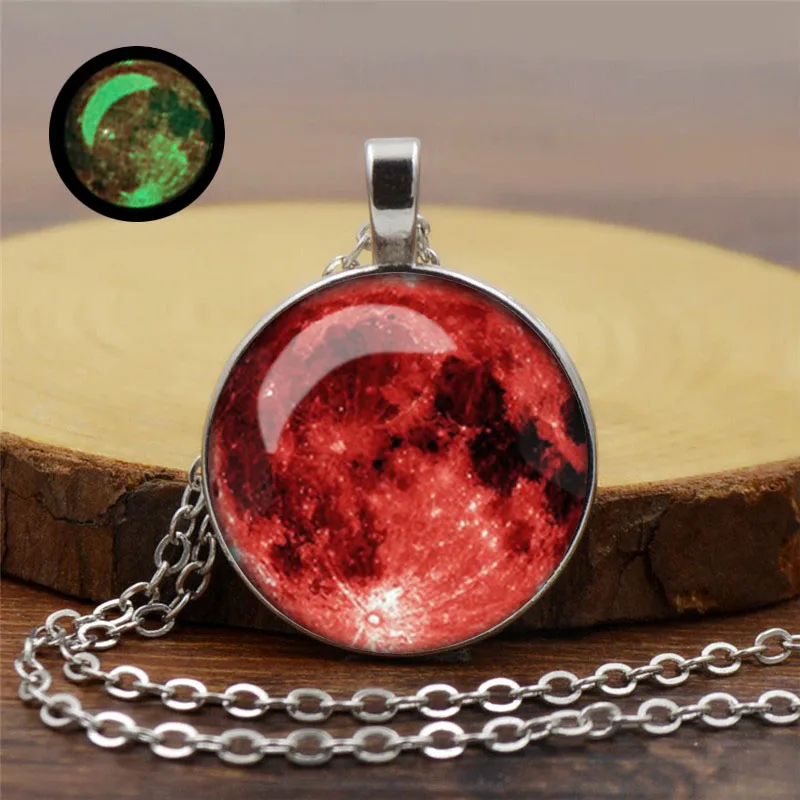 Hot sale Glow In The Dark Moon Pendant Necklace Galaxy Planet Glass Cabochon Luminous Jewelry Silver Chain Necklace Women