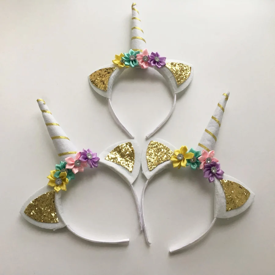 

2 Pcs Children Decorative Unicorn Horn Hair Hoop with Flowers Glitter Ears for Girls Boys Easter Bonus Party Head Accessories