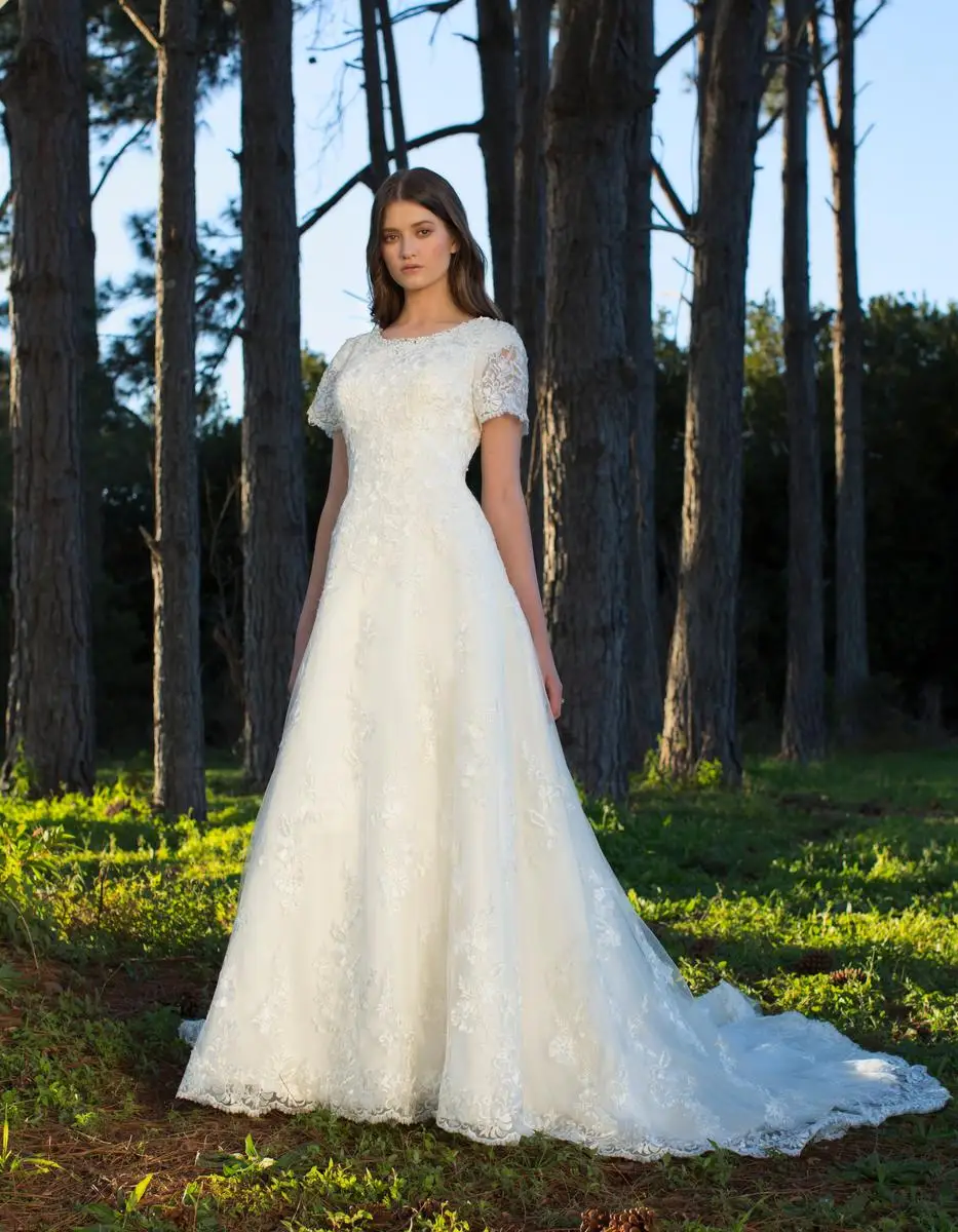 Cecelle 2019 длинные винтажные трапециевидные скромные кружевные свадебные платья с короткими рукавами Scoop пуговицы Формальные женские