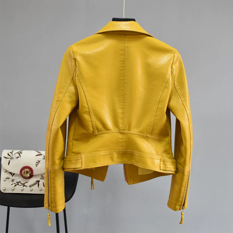 FTLZZ Women Autumn Pu Faux Soft Leather Motorcycle Zipper Jacket Coat Female Turndown Collar Slim Biker Coats Basic Streetwear