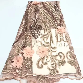 

NEW African Lace fabric High Quality Nigerian 3D beaded Lace Fabric gold 2019 French Net Lace Fabric With sequins for Dress YY