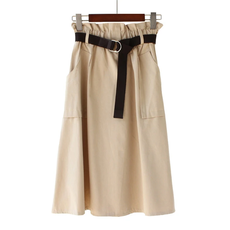 

2019 Elastic High Waist Women Skirts With Belt Women Summer Cotton Long Skirt Faldas Jupe Femme Women Midi Skirt Pocket Saia