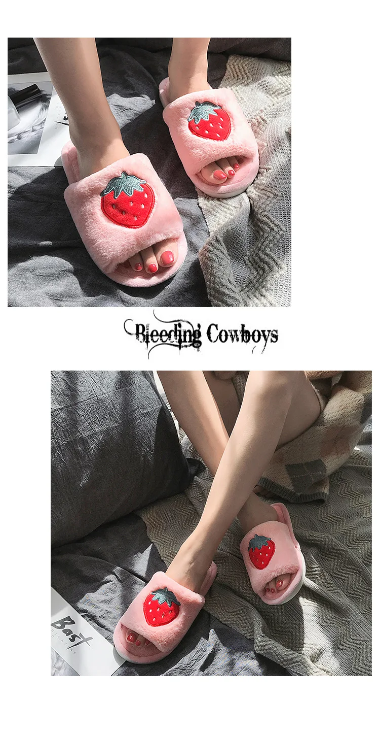 winter indoor slippers warm Fur Slides Fluffy Cute fruit women Slippers soft female flop flips Wholesale Drop shipping