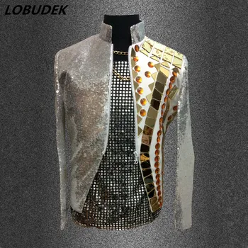 Gold mirror men blazers Shining Sequins jacket outwear male clothes singer dancer performance dress fashion nightclub Bar Outfit Gold mirror men blazers Shining Sequins jacket outwear male clothes singer dancer performance dress fashion nightclub Bar Outfit