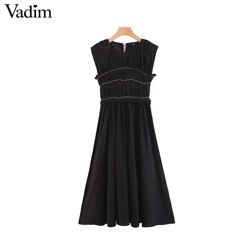 

Vadim women elegant solid midi dress back bow tie sleeveless female summer casual mid calf dresses vestidos QB843