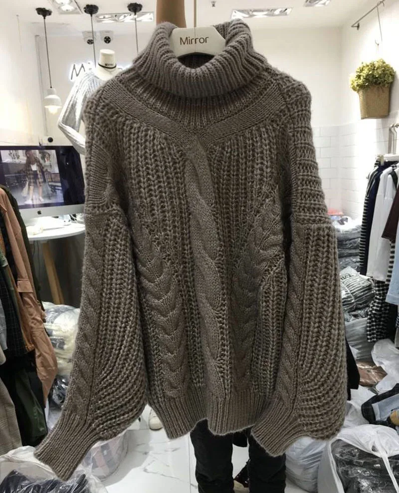 Женский Зимний пуловер с высоким воротником, свитер, грубые линии, Женская Новинка, свободный большой размер, толстый мохеровый свитер, пальто для женщин