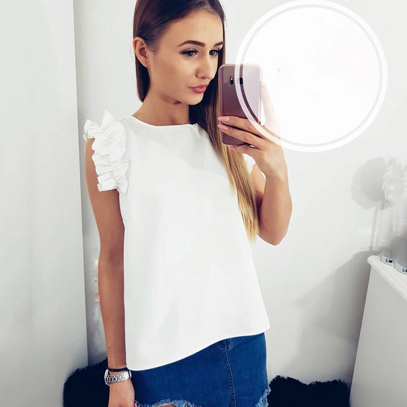 

2019 Summer Fashion Women's Solid Color O Collar Butterfly Sleeve Loose Blouse Chiffon Casual Shirts Sleeveless Tops