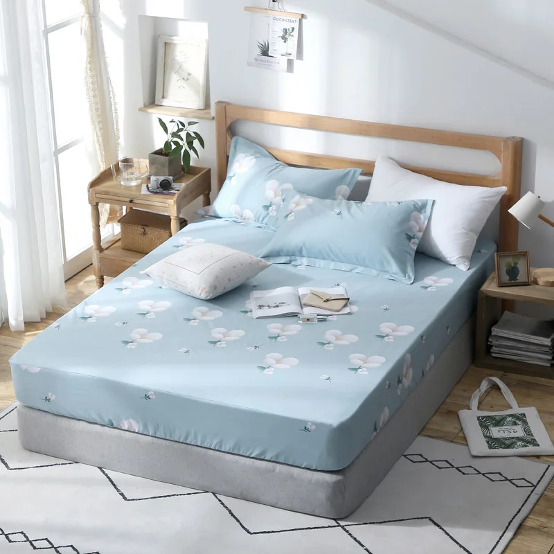 

White Print Pattern 3Pc Cotton Fitted Sheet Mattress Cover Printing Bed Sheets With Elastic Band Europe Style Mattress Protector