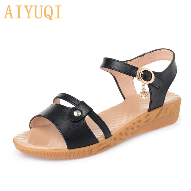 

AIYUQI Women's flat sandals 2019 summer new genuine leather female Roman sandals plus size shoes women, open toe mother shoes