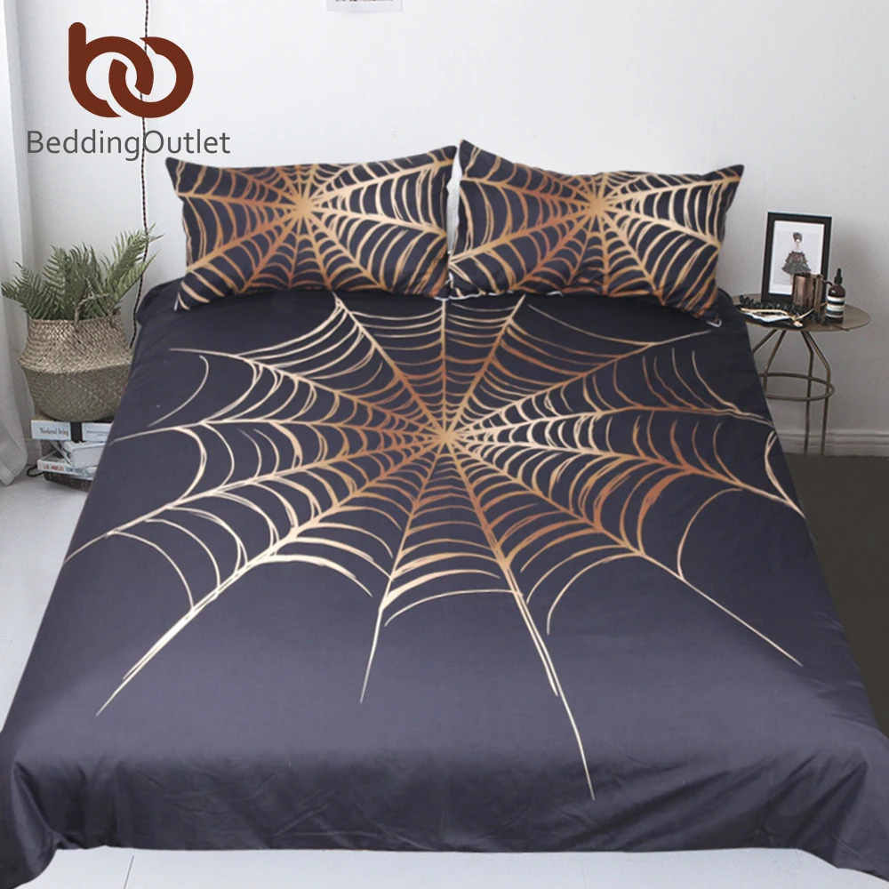 

BeddingOutlet Cobweb Bedding Set King Golden and Black Boys Duvet Cover Microfiber Home Textiles Spiderweb Bedclothes 3-Piece