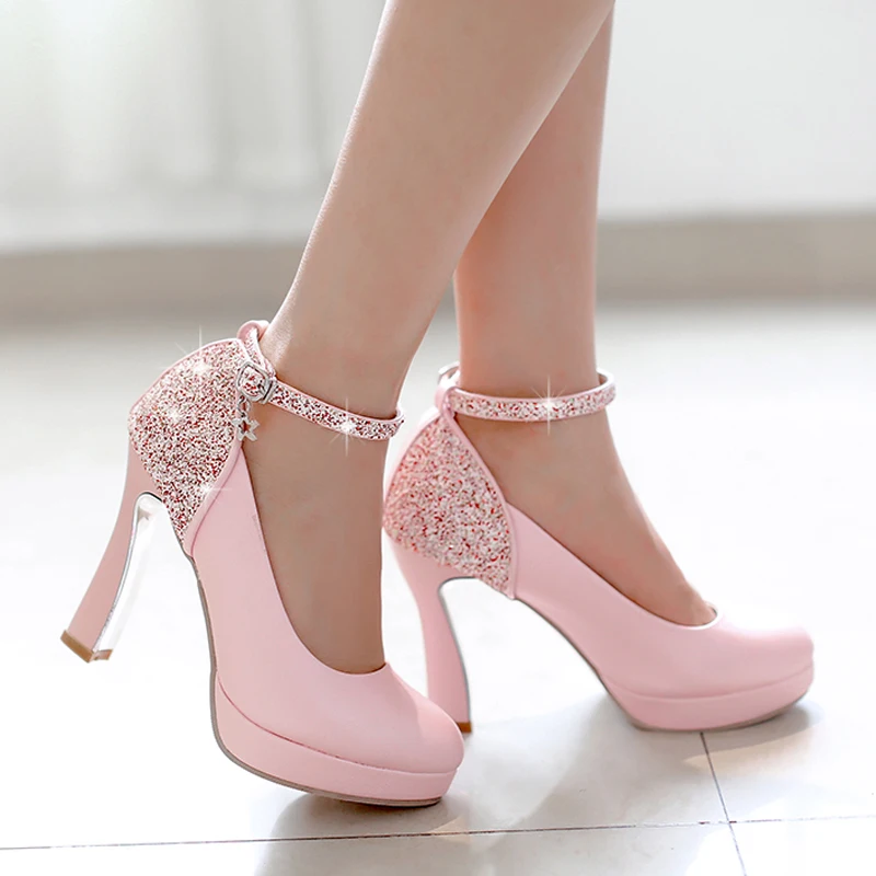 Wedding Soft Leather Glitter Chunky High Heel Dress font b Shoes b font China Ankle Strap
