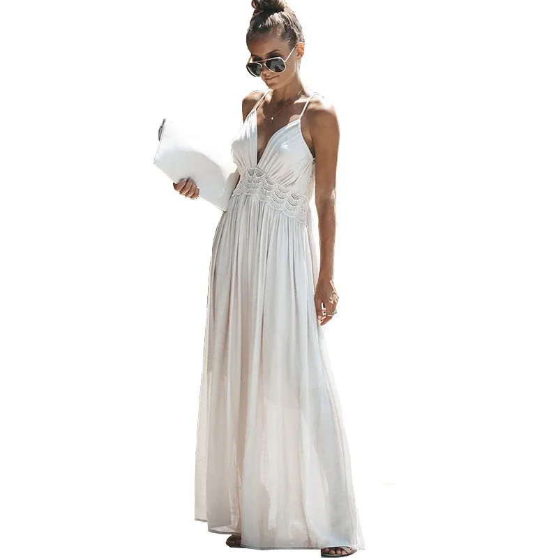 

Summer Women Beach Dress Sexy Plunge V Neck Backless Spaghetti Strap Slip Dress Lace Patchwork Long Maxi Dress Vestido Playa