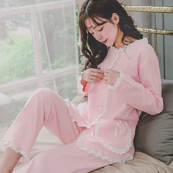 

Cute Nursing Pajamas Breastfeeding Shirt+ Pregnancy Pants Maternity Clothes for Pregnant Women Lounge Sets 2019 Spring Pink Blue