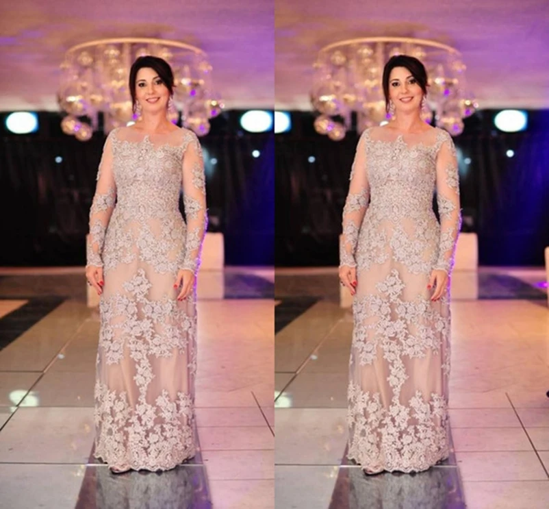 

Sheer Neck Lace Mother of the Bride Dresses Formal Wear Appliques Long Sleeve Floor Length Modest Nude Arabic Vestidos