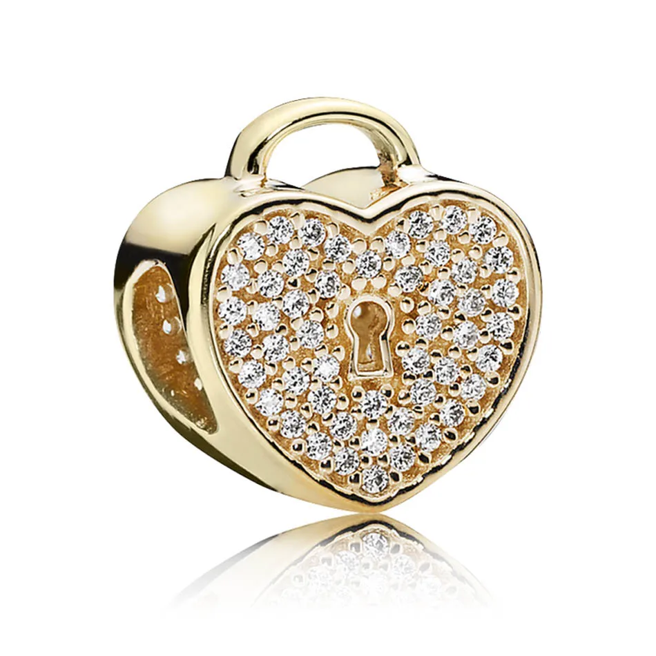 

Authentic S925 Sterling Silver DIY Jewelry Padlock Pave Gold Colour Charms fit Pandora Bracelet Bangle Shine & Clear CZ