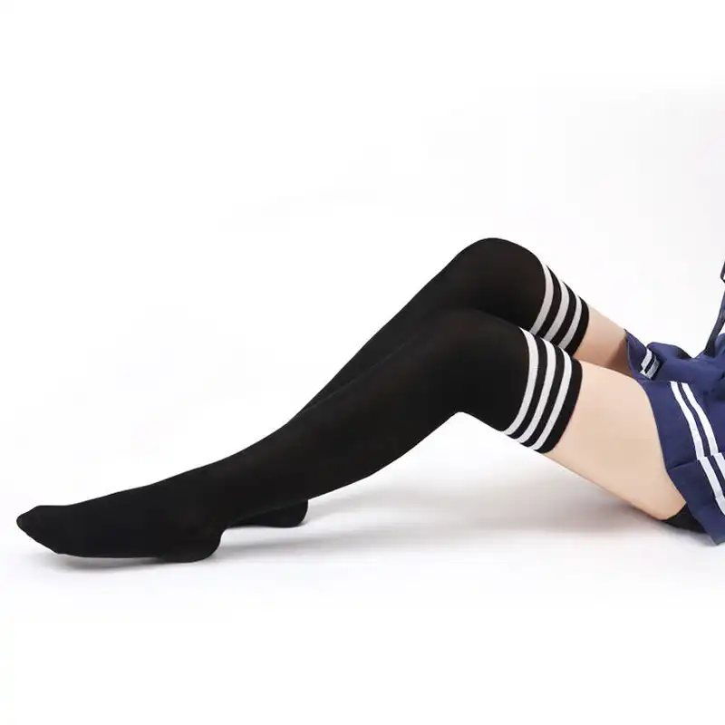 Calcetines altos por encima de la rodilla de las mujeres de rayas azules  blancas y negras Medias altas del muslo de los estudiantes de la escuela  japonesa Cosplay Medias largas 021|Medias| -