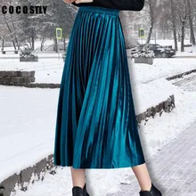 Зимняя бархатная юбка для женщин, эластичная высокая талия, миди длинные плиссированные юбки для женщин, осень, модная одежда размера плюс 4XL