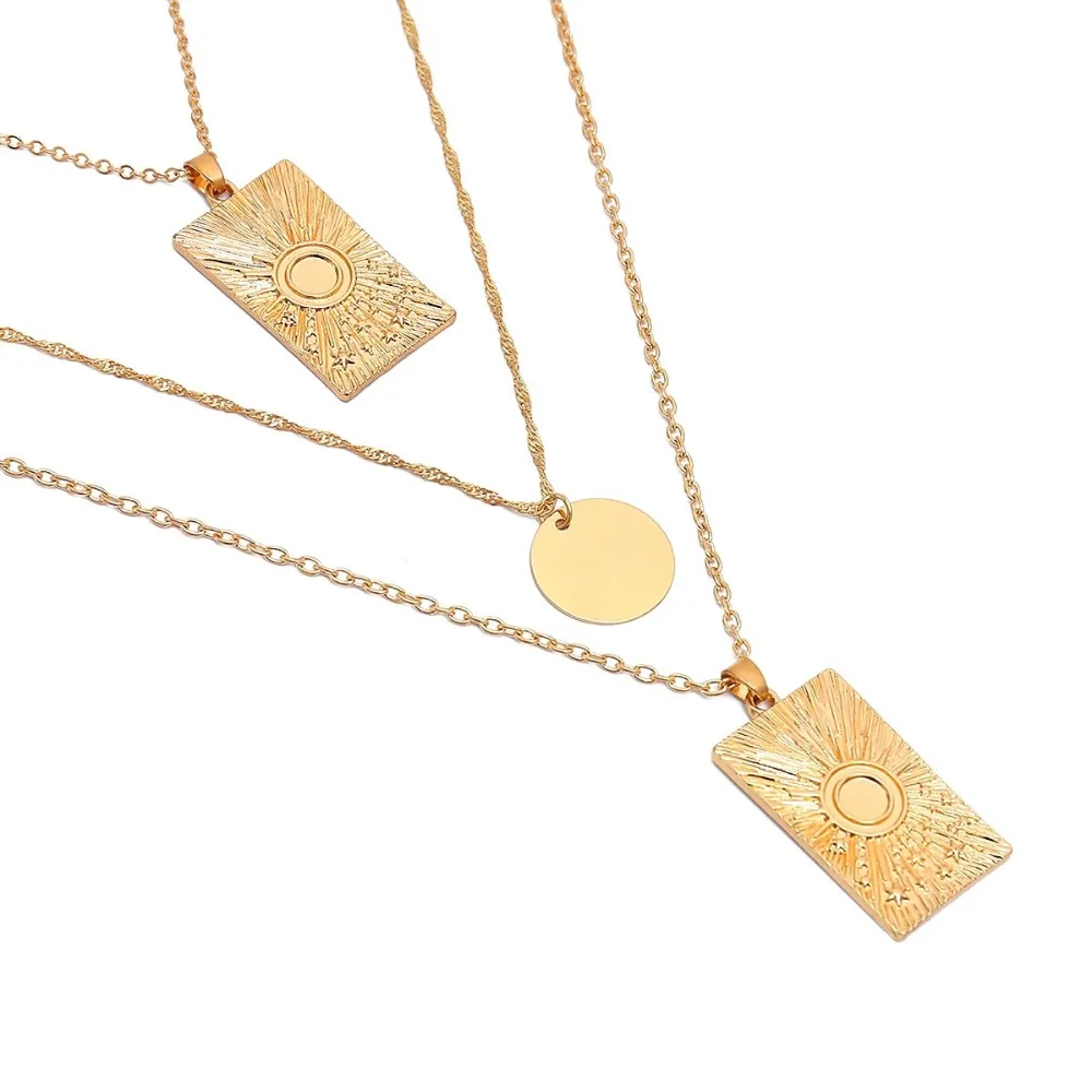 

2019 New gold color 3 layers sexy clavicle chain Sunshine star pattern square pendant Necklace statement choker necklace women