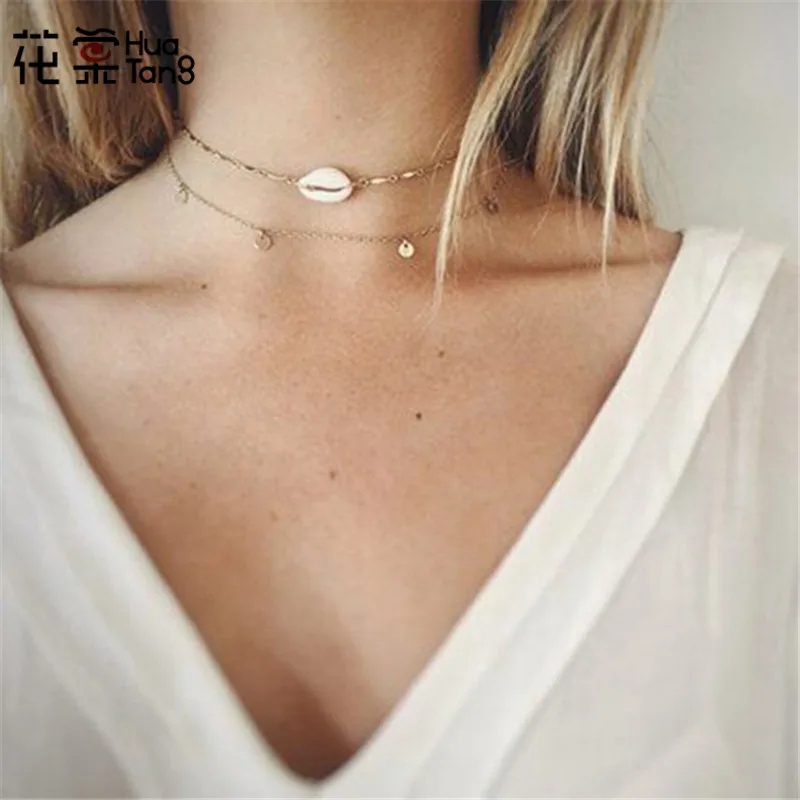 

HuaTang Bohemia Gold Chain Necklace Wafer Shell Pendant Necklaces for Women Girl Layered Necklace Jewelry Statement 6705