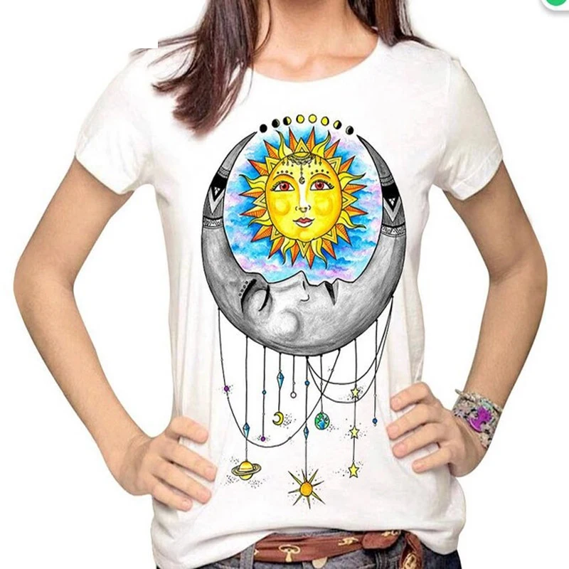 Женские Модные хипстерские топы с изображением Солнца и Луны Tumblr Harajuku 3D футболка